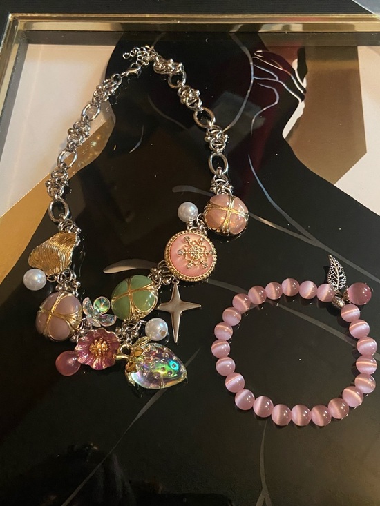 Unbranded Jewelry - Pink Multi-Charm Women's Necklace and Cats Eye Bracelet Set